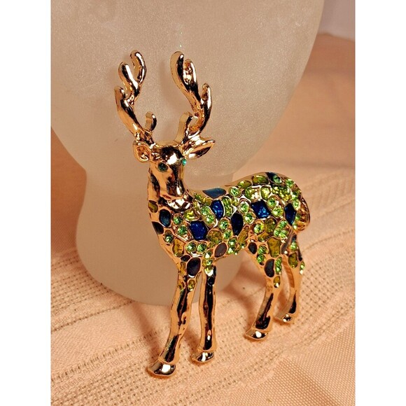 New Beautiful Christmas Deer Brooch with Blue & Green Bling. - Picture 1 of 3